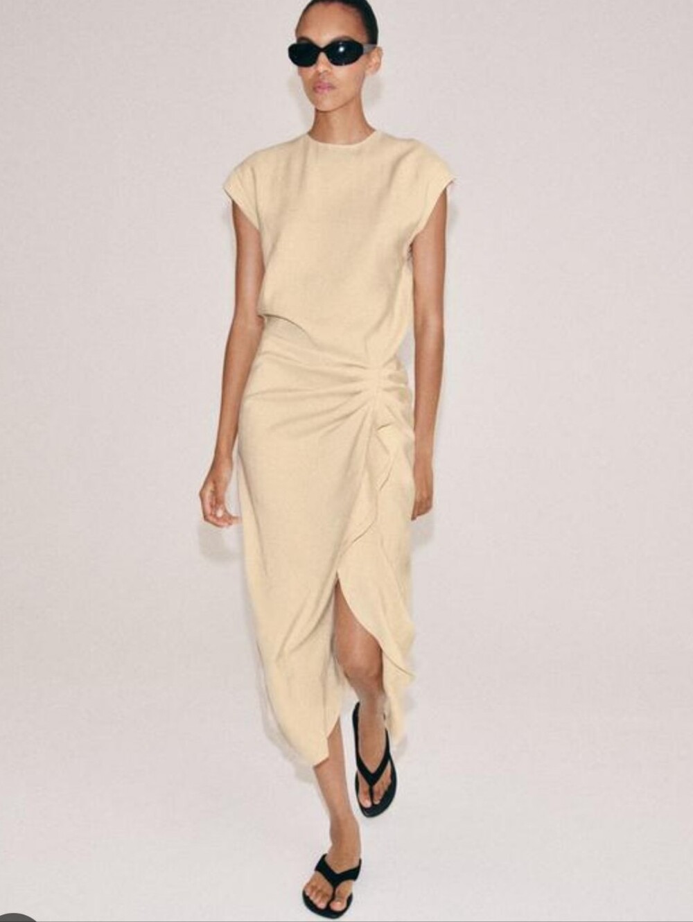 NWT Zara Minimalist Cream Ruched Midi Dress, Medium